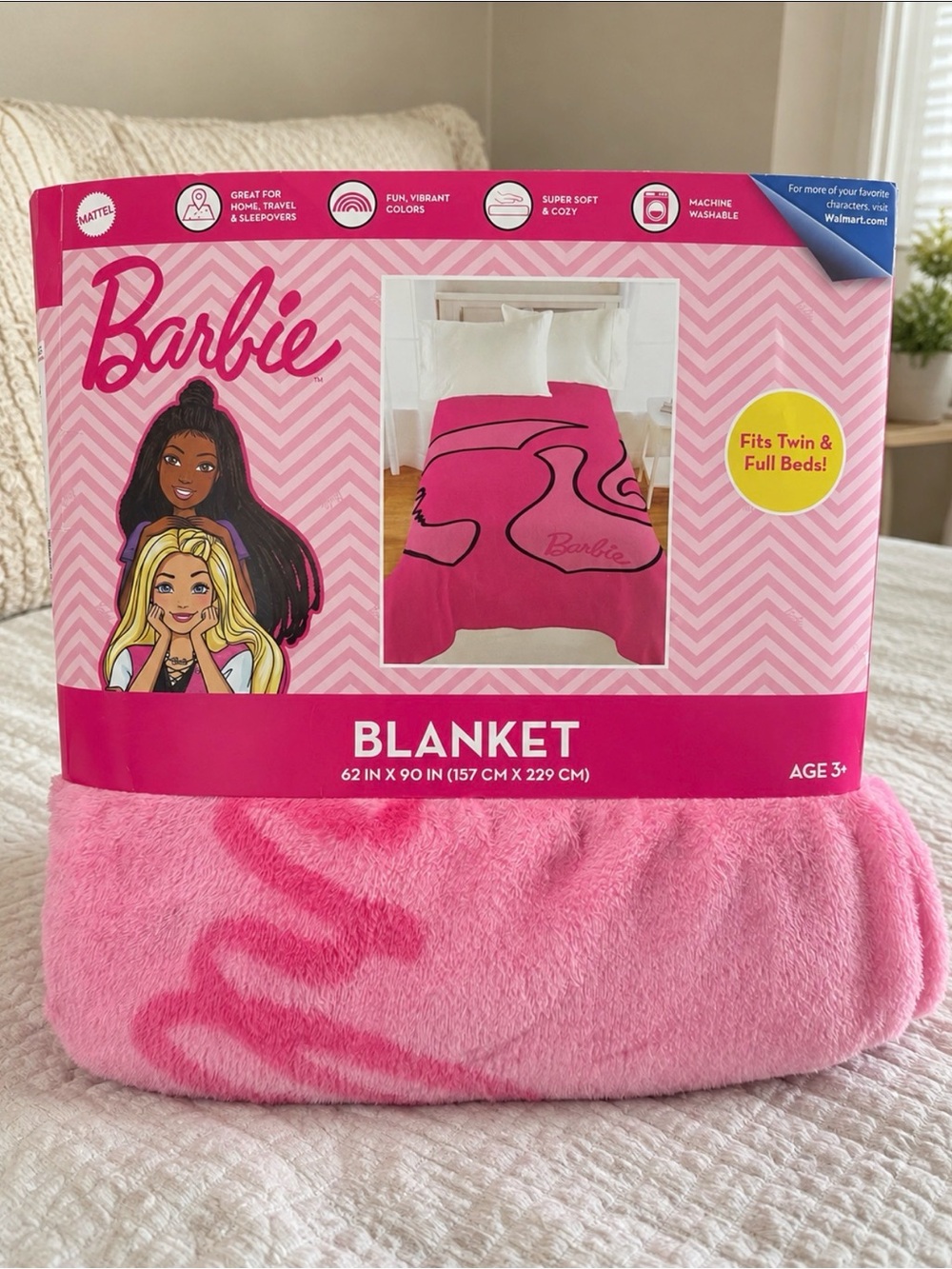 Barbie Hot Pink Plush Throw Blanket with Logo Accent